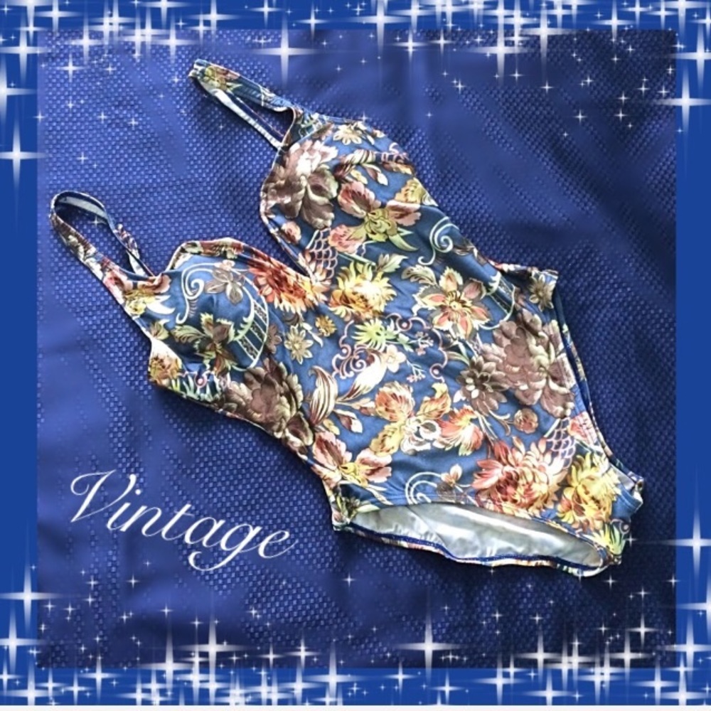 Pierre Cardin Blue Gold Print Bathing Suit VTG - Picture 1 of 8